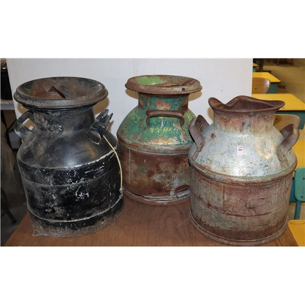 THREE LARGE MILK CANS ,ONE STARTING TO RUST