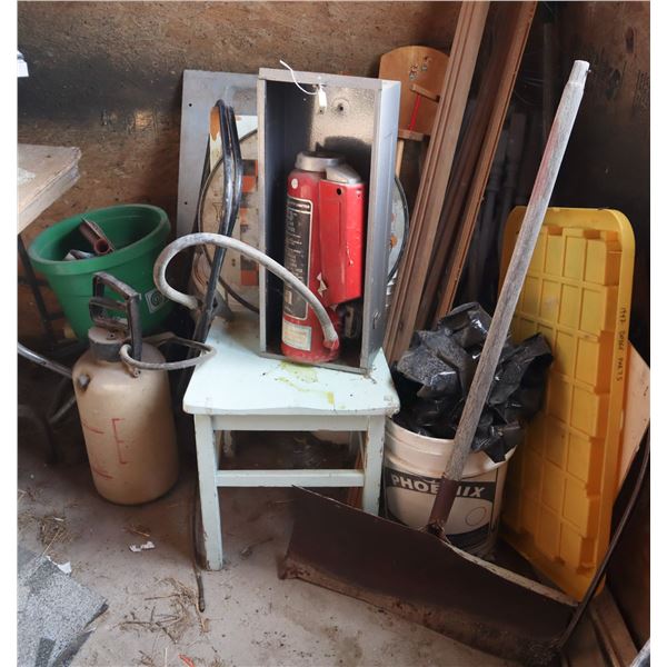 CORNER OF GARAGE ITEMS INCLUDING SEED SPREADER,