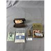 Image 2 : Vintage Collectibles - Piccadilly Smoking Mixture Tin & Metal Goggle Case w/Stamps, Advert Measuring