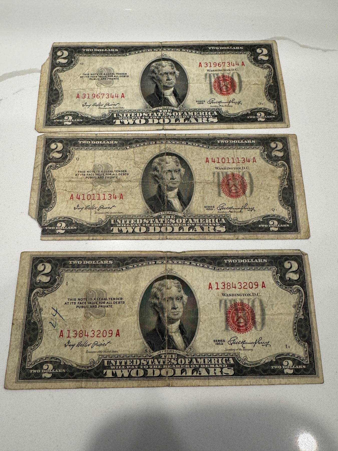 3 United States of America two dollar bills 1953