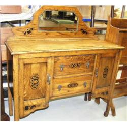 Outstanding oak side board with beveled mirror, art deco style, 47"x18"x36" (2)