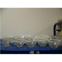 Hobnail dessert set with 4 plate, cups/saucer, berry dish with tray, tray has small chip, creamer di
