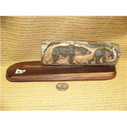 7" relief carved mammoth ivory with 2 grizzly bears M006 (2)