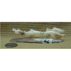 Group of 4 salmon carved form fossilized walrus ivory mounted on mammoth bone, signed 95 (2)