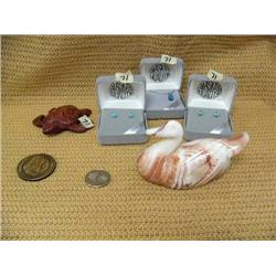 Lot of 3: Arctic ice earrings and necklace, soapstone duck, carved wood frog, Transalaksan pipe line