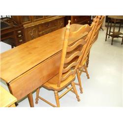 Solid American cherry wood drop front harvest table and 2 chairs - table 6' long, 20" wide with leav