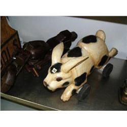 Wood motorcycle with damaged handle bars and rolling wood rabbit - imported (2)