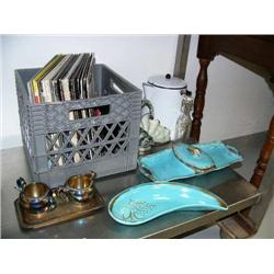 Granite wear coffee pot, green pottery bride's basket, 2 pieces turquoise pottery, old bottle and Re