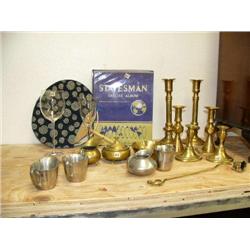 Lot of pewter creamer and sugar dish, made by Poole, Tauton, MA hallmarked, brass creamer and sugar 