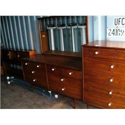 Circa 1960 American walnut 3 piece bedroom set : hi-boy, 8-drawer dresser with mirror, headboard wit