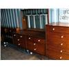 Image 1 : Circa 1960 American walnut 3 piece bedroom set : hi-boy, 8-drawer dresser with mirror, headboard wit