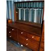 Image 3 : Circa 1960 American walnut 3 piece bedroom set : hi-boy, 8-drawer dresser with mirror, headboard wit