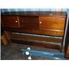 Image 4 : Circa 1960 American walnut 3 piece bedroom set : hi-boy, 8-drawer dresser with mirror, headboard wit