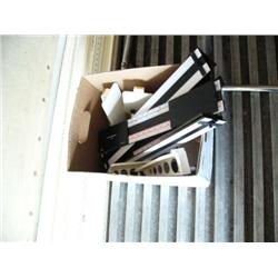2 boxes and stack of assorted and misc. stainless steel trays, lights, containers, measuring sticks,