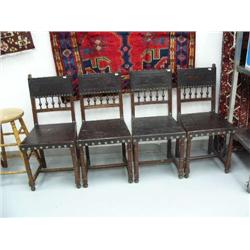 Lot of 4 antique belgian carved wood chairs, circa 1860 with engraved leather seats and backs, excel