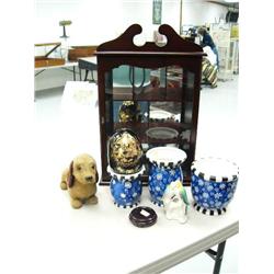Lot of: small display case, three blue pots, walking, talking dog, ceramic egg on stand, two love bi
