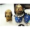 Image 3 : Lot of: small display case, three blue pots, walking, talking dog, ceramic egg on stand, two love bi