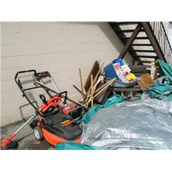 Lot of: lawnmower, outdoor tools, wheel barrel, saw horses, tires, etc. (185)