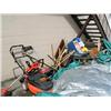 Image 1 : Lot of: lawnmower, outdoor tools, wheel barrel, saw horses, tires, etc. (185)