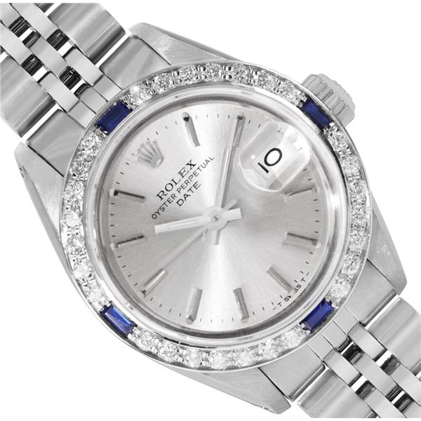 Rolex Ladies Stainless Steel Silver Index Sapphire and Diamond Date Wristwatch