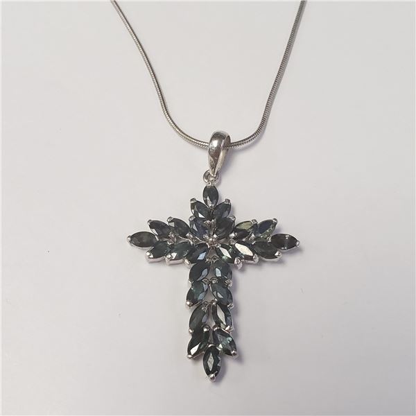 BZ1682-193 SILVER NATURAL SAPPHIRE CROSS 16"