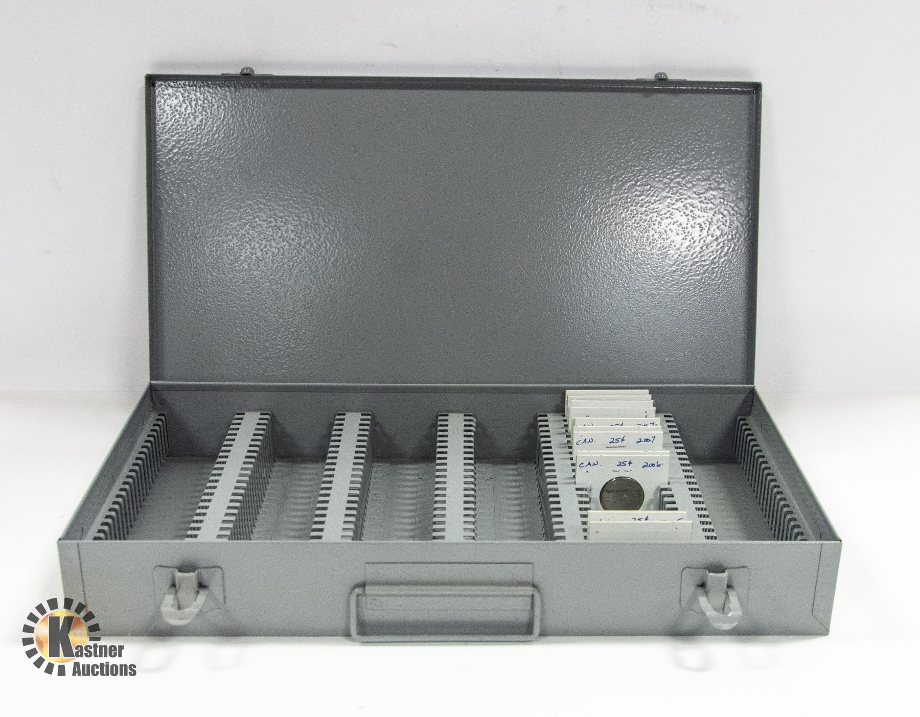 METAL COIN BOX WITH 25 CENT CANADIAN COINS