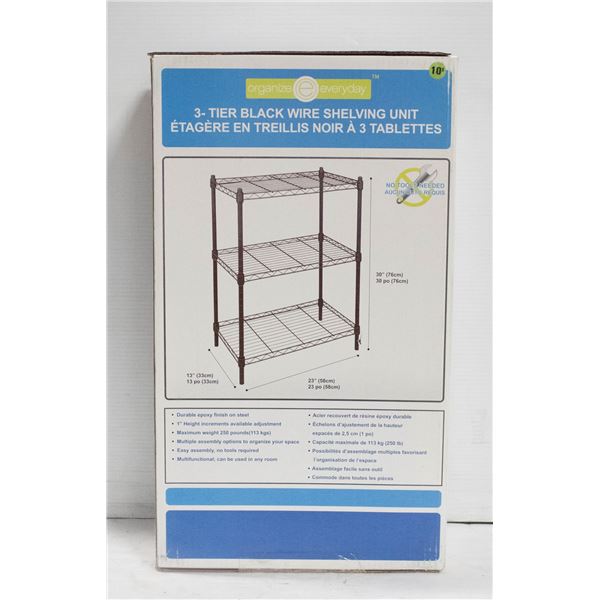 NEW SEALED 3 TIER BLACK WIRE SHELVING UNIT