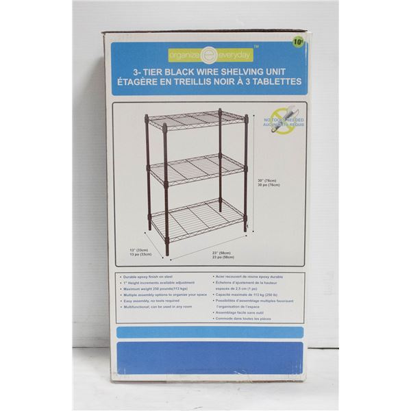 NEW SEALED 3 TIER BLACK WIRE SHELVING UNIT