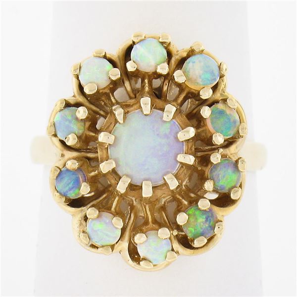 Estate Solid 14K Yellow Gold Round Cabochon Prong Set Opal Cluster Flower Ring