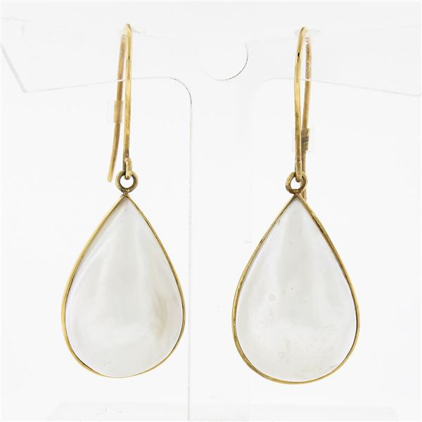 14k Yellow Gold Large Pear Bezel Set White Mabe Pearl Tear Drop Dangle Earrings