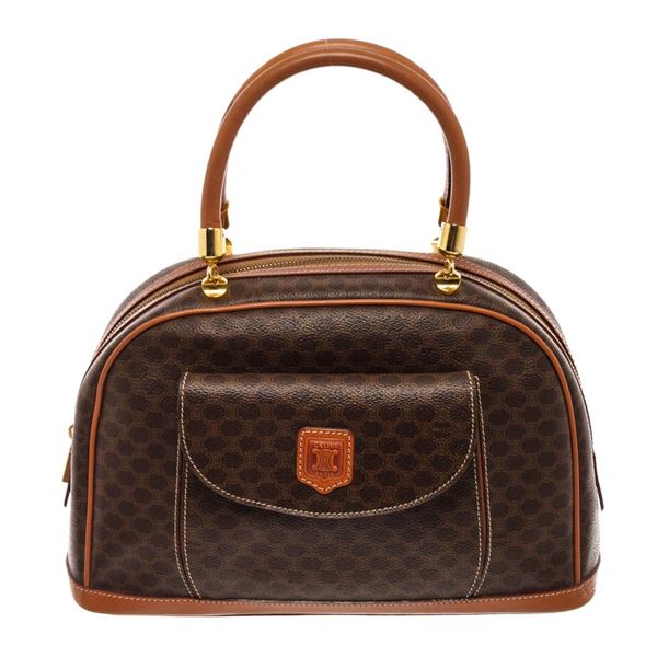 Celine Brown Fabric Leather Macadam Handbag