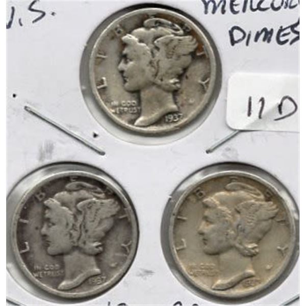1937 P, D, S Mercury Dime