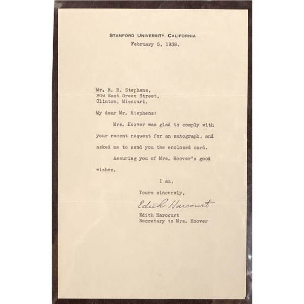 Hoovers First Lady's Secretary Signed Letter c1938 [183139]