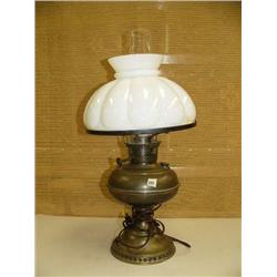 Brass electrified kerosene lamp with white shade (194)