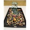 Image 1 : Large collection of clay marbles and green jar marked Wide Mouth Telephone Jar (194)