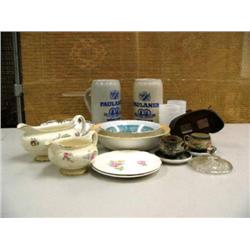 Hobnail glasses, white and clear milk glass dish, serving dishes, stereophonic viewer, 2 beer steins