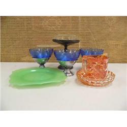 2 pieces of orange carnival glass, sterling silver dish with etch glass tray, rare cobalt blue depre