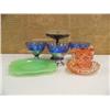 Image 1 : 2 pieces of orange carnival glass, sterling silver dish with etch glass tray, rare cobalt blue depre