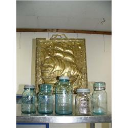 4 fruit jars and 1 coffee jar: Lightening, 3 Ball and brass screen (2)