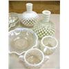 Image 2 : Large lot of: hobnail glass: 2 bottles, 2 candle sticks, creamer, sugar, 3 dived serving dishes, and