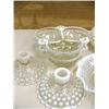 Image 3 : Large lot of: hobnail glass: 2 bottles, 2 candle sticks, creamer, sugar, 3 dived serving dishes, and