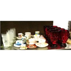 Ruby red glass, etched glasses and cups and saucers (189)