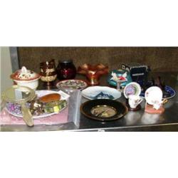 Collectors plates, marigold carnival glass, luster wear pitcher, sterling silver baby rattle, plasti