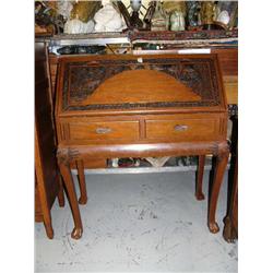 Fabulous carved teak drop front desk with 2 drawers (2)