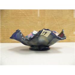 Cobalt blue fluted carnival glass bowl with grape design (194)