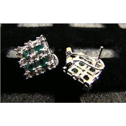Emerald and diamond earrings, 14 K white gold, emeralds: round, faceted, approx 1. carats, semi-tran