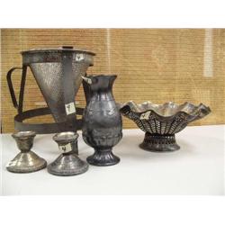 Pair of sterling silver candle sticks, jelly squeezer, silver plated dish (199)