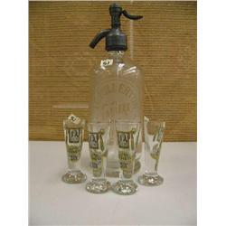 Lot of: JC Fullerton from Fairfax MN seltzer bottle and 4 Sheller's Best shot glasses (194)