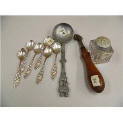 Set of 6 silver dessert spoons, pewter serving spoon, woman's instrument ink well (194)