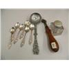 Image 1 : Set of 6 silver dessert spoons, pewter serving spoon, woman's instrument ink well (194)